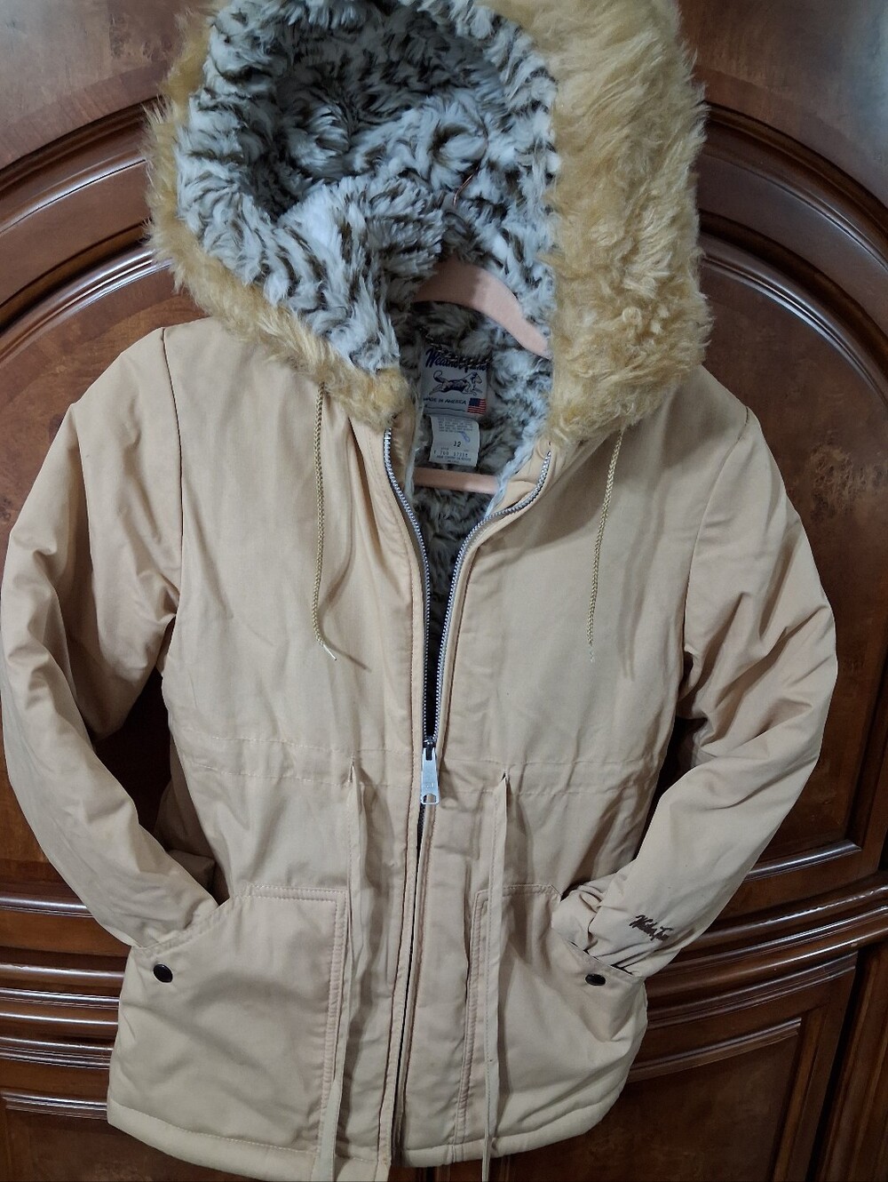Kids Lightweight Hooded Winter Jacket - Tan with Faux Fur Lining